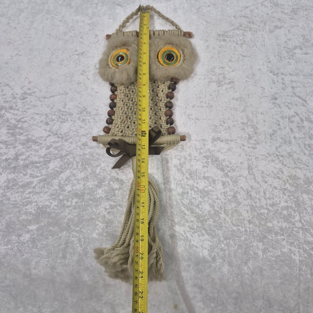 Vintage Macrame Owl Wall Hanging Boho Wood Bead‎ Tassel Decor Beige 17 Inch - Picture 9 of 9